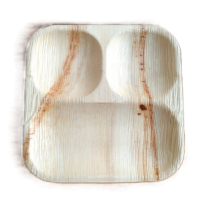 9"x9" | 3-Compartment Palm Leaf Lunch Plate – Square Portion Tray |Pack of 25